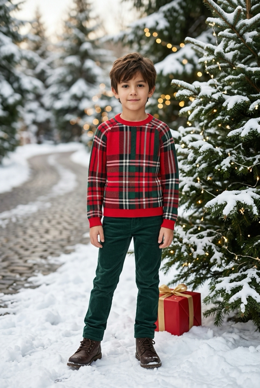 Andy & Evan Plaid Knit Sweater Size 14 Red Green Cotton